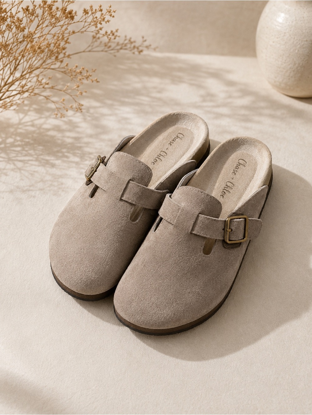 Chase + Chloe Taupe Suede Buckle Slides